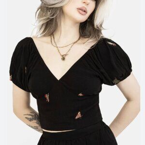 Disturbia Copia Moth Embroidered Cotton Puff Sleeve Top Black Crop V-Neck Sz 14
